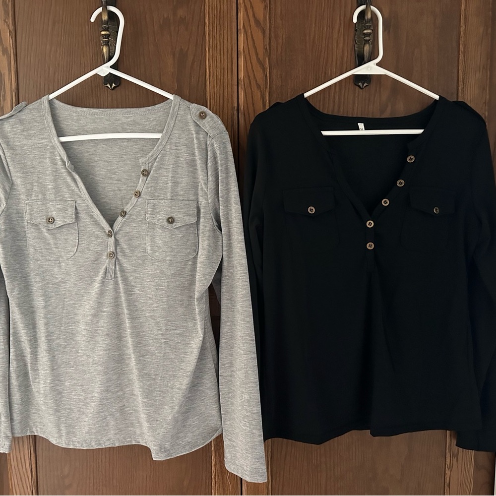 Women's Button-Detail Long Sleeve Tops - Gray and Black